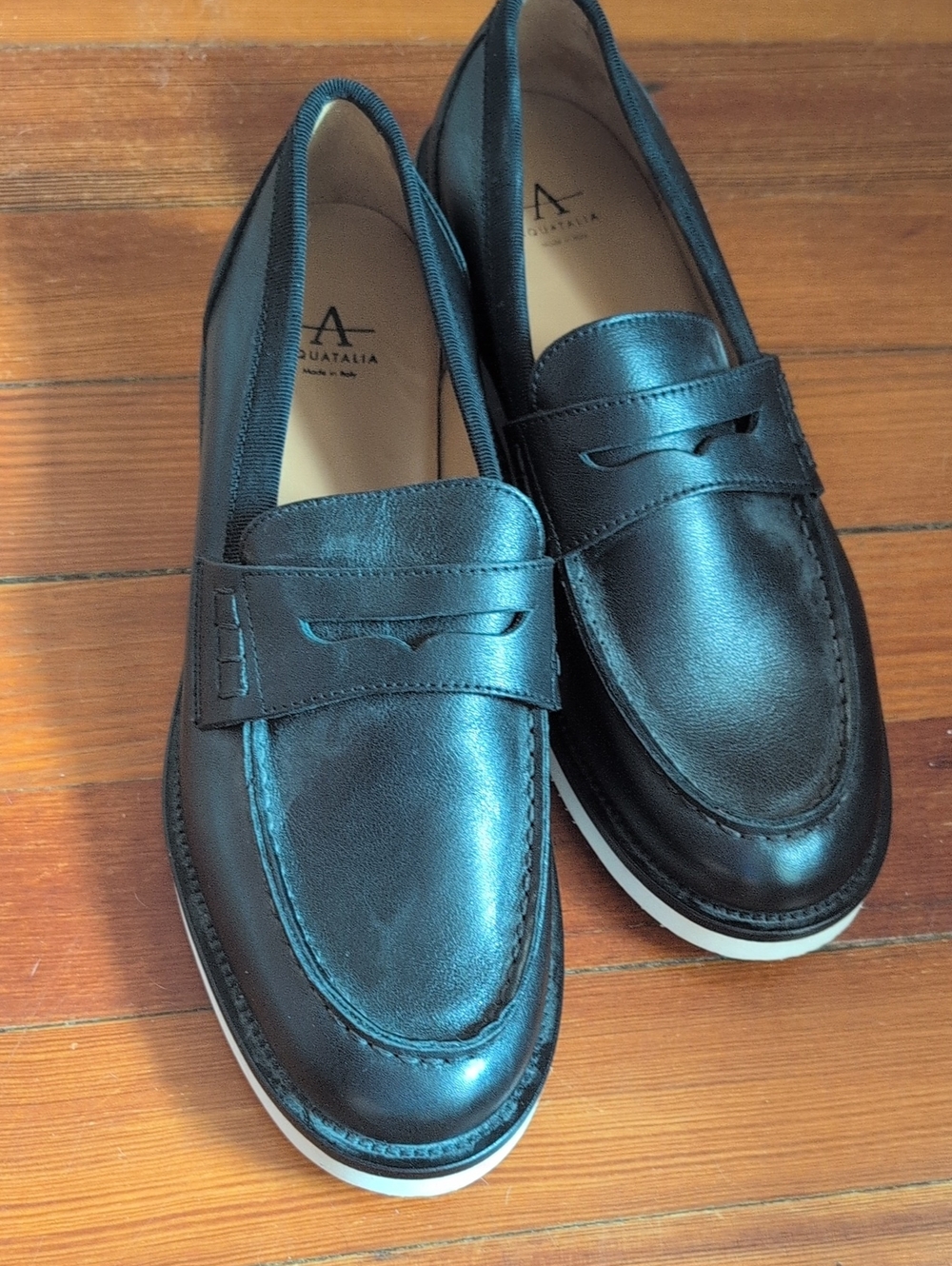Aquatalia Black Leather Penny Loafers with White Sole